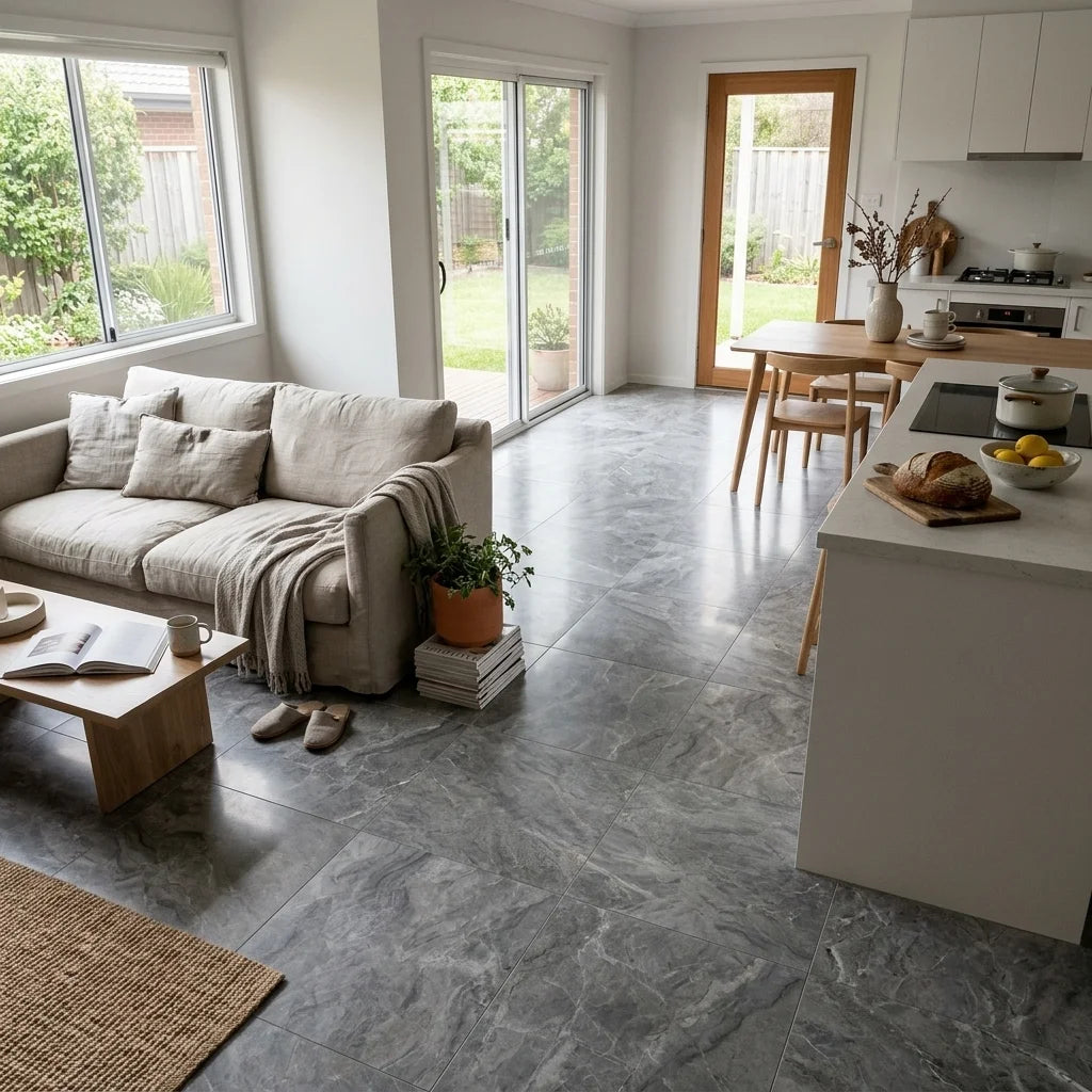 BT823 JUPITER GREY MARBLE SATIN 600X600MM — open-plan living + dining + kitchen