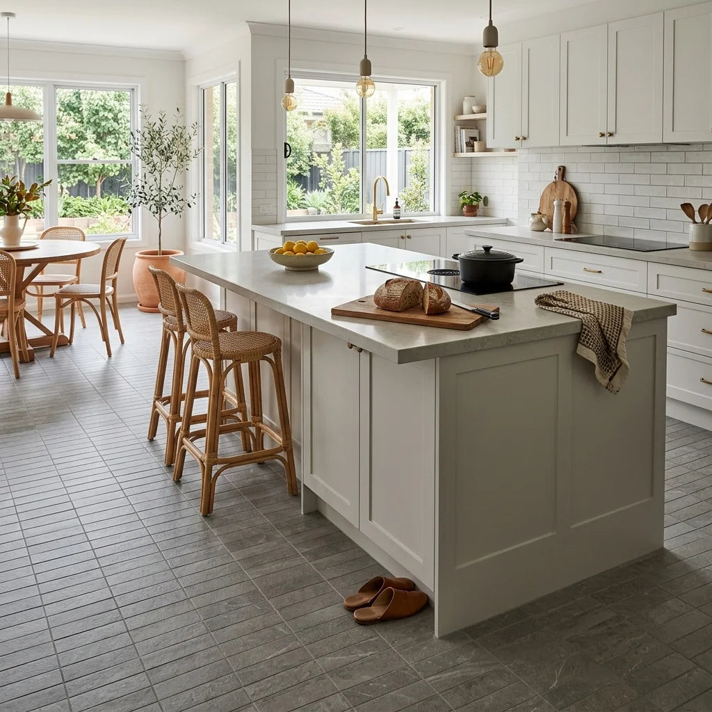 BT972 GREY PANNEL 0.29X0.29 — open-plan kitchen