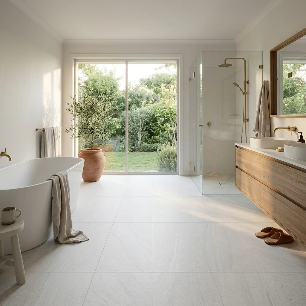 BT985 MINERAL WHITE 1200X600 POLISHED — ensuite bathroom