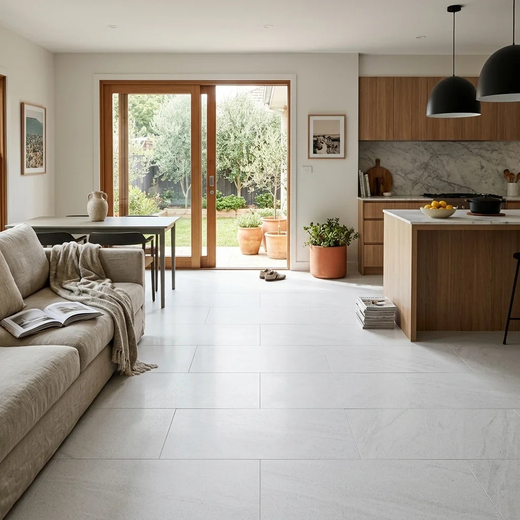 BT985 MINERAL WHITE 1200X600 POLISHED — open-plan living + dining + kitchen