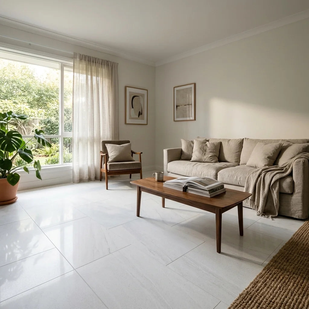 BT987 Mineral White 6x6 polished — living room