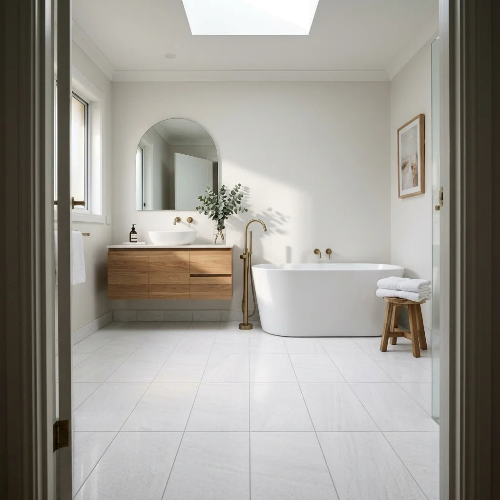 BT987 Mineral White 6x6 polished — main bathroom