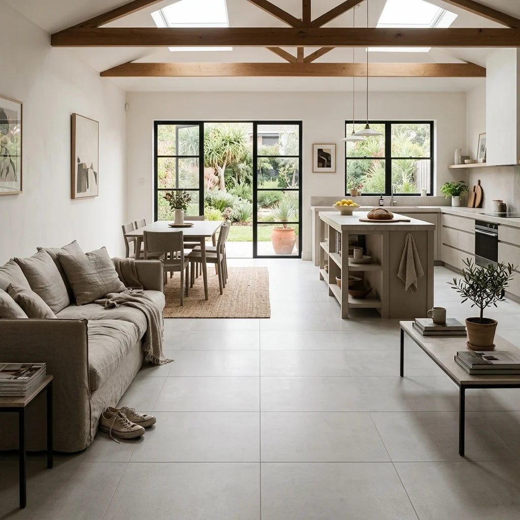 BT988 NINA PEARL 600X600 MATT — open-plan living + dining + kitchen