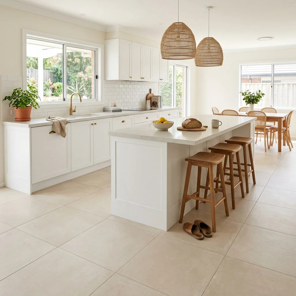 BT989 NINA BEIGE 600X600 MATT — open-plan kitchen