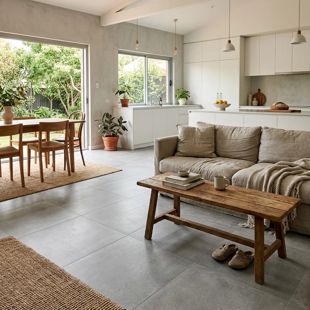 BT991 NINA GREY 600X600 MATT — open-plan living + dining + kitchen