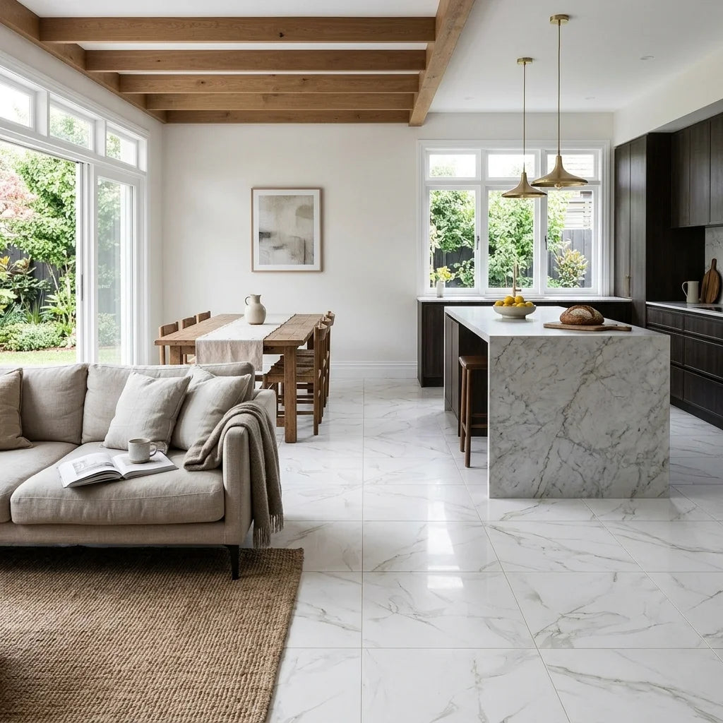 BT737 CALCUTTA GOLD 600X600 POLISHED — open-plan living + dining + kitchen