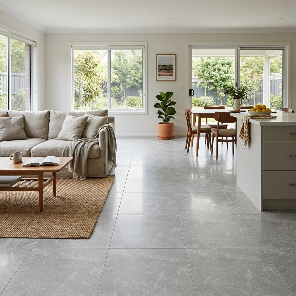 GALAXY GREY 600X600 POLISHED - Limited Stock — open-plan living + dining + kitchen
