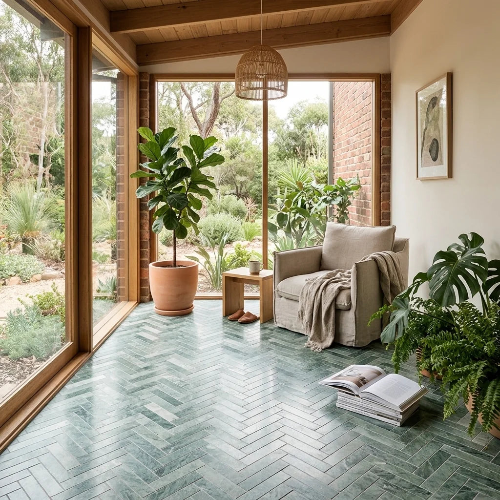 BHCV41 calcutta large green herringbone — sunroom / garden room