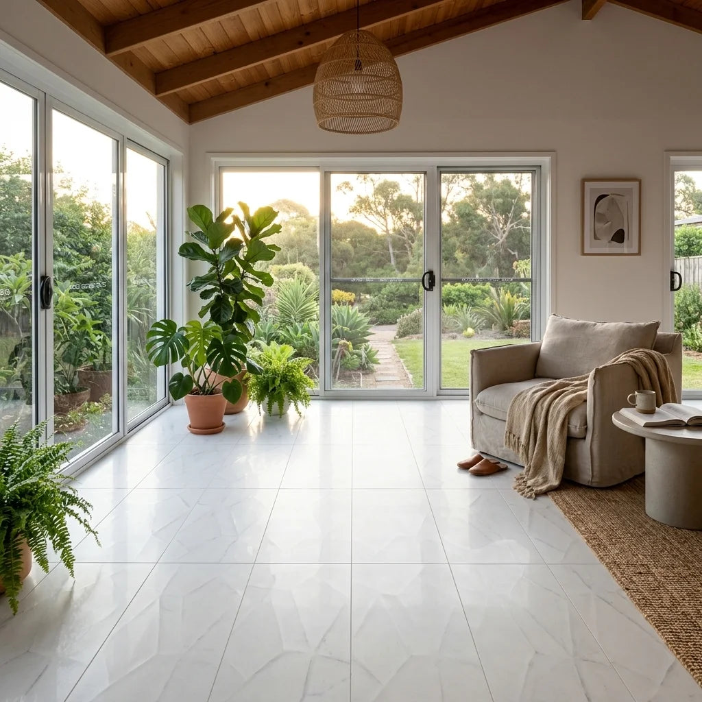 BHCN25 WAVES WHITE POLISHED 600 x 300 Polished — sunroom / garden room