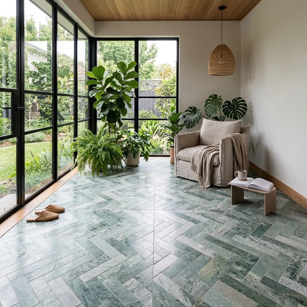 BHCV40 Calcutta Green Herringbone 23*73*7MM — sunroom / garden room