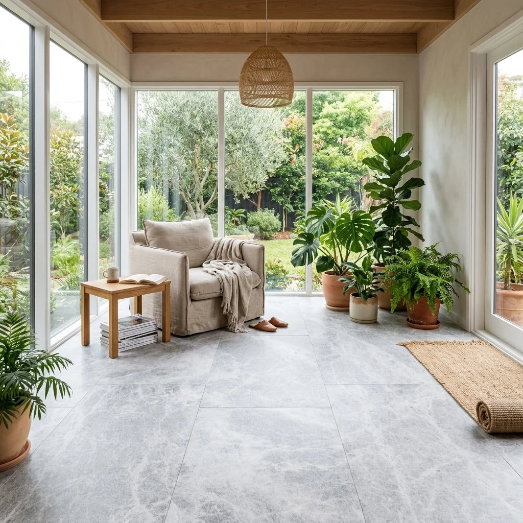 BHCA5 Tundra Grey Sandblasted Marble 610x406x30 — sunroom / garden room