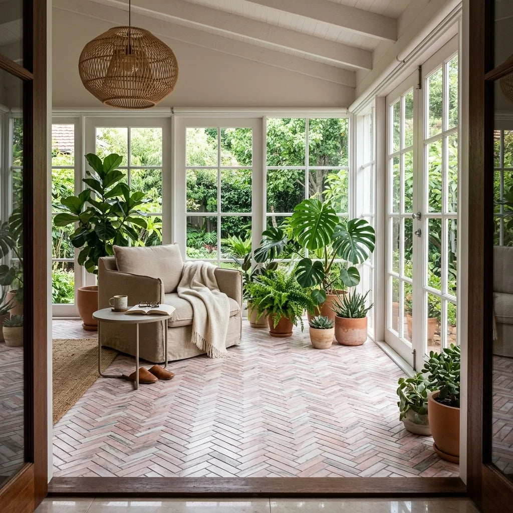 BHCV50 PINK MARBLE HERRINGBONE — sunroom / garden room