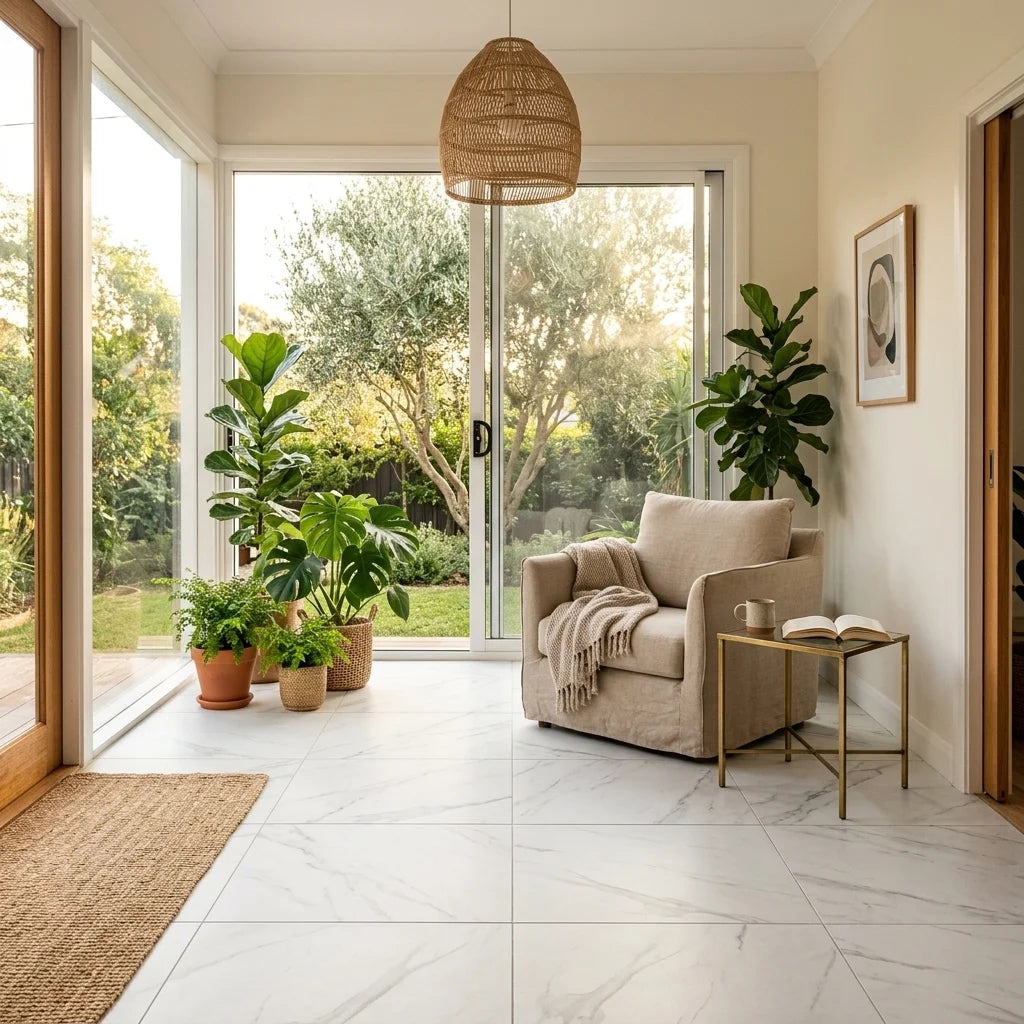 BT440 EARTH CARRARRA MATT 600X600 MATT — sunroom / garden room
