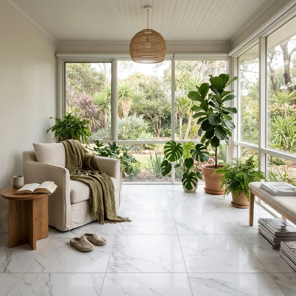 BT325 WHITE STATUARIO 600X600 POLISHED — sunroom / garden room