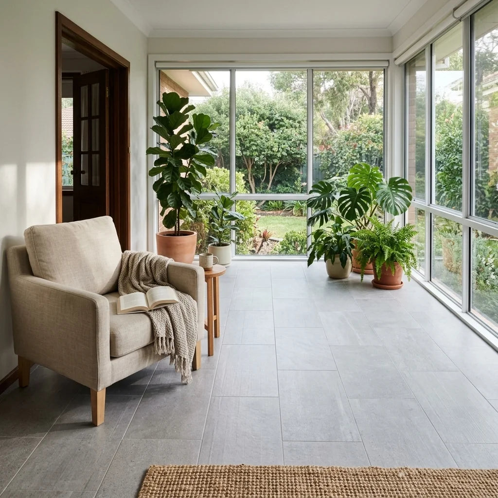 LOVE GREY 600X300 FEATURE TILE — sunroom / garden room