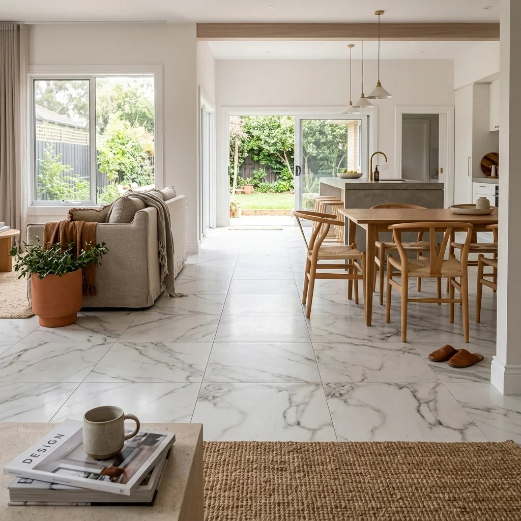 GLOBAL STATUARIO 600X600 POLISHED — open-plan living + dining + kitchen