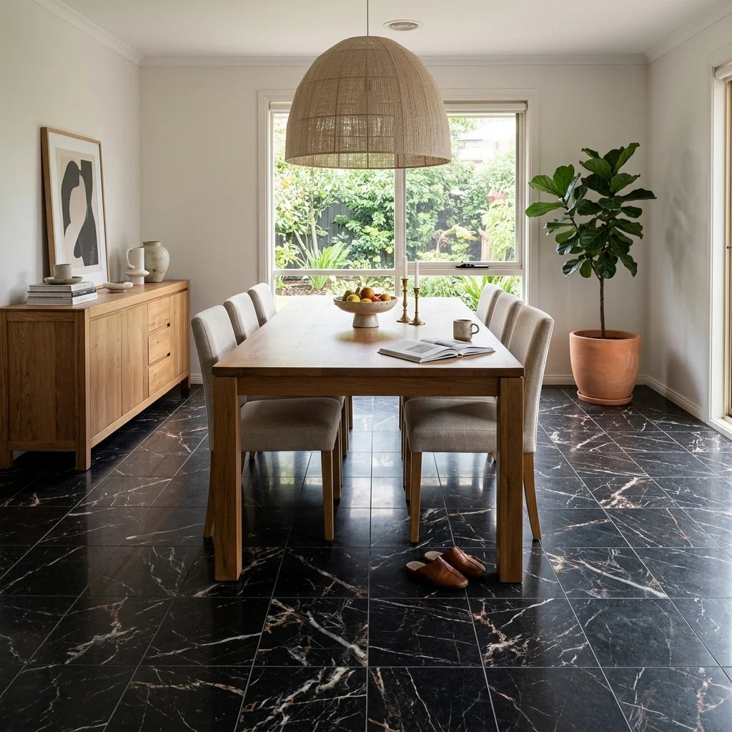 BT766 GOLDEN BLACK MARBLE 6x6 POLISHED — dining room