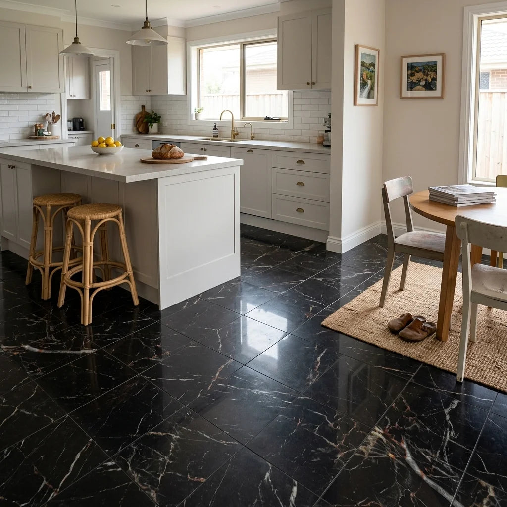 BT766 GOLDEN BLACK MARBLE 6x6 POLISHED — open-plan kitchen