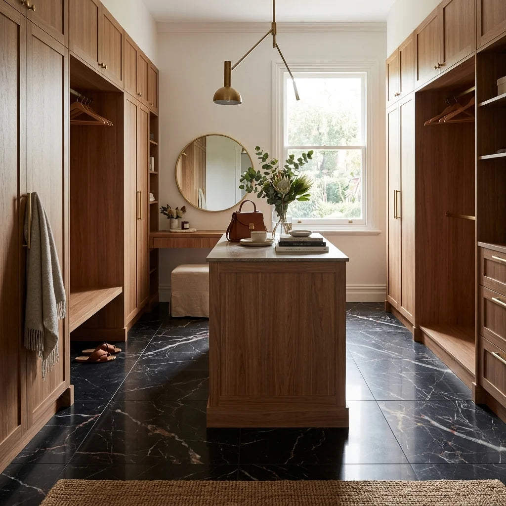 BT766 GOLDEN BLACK MARBLE 6x6 POLISHED — walk-in robe