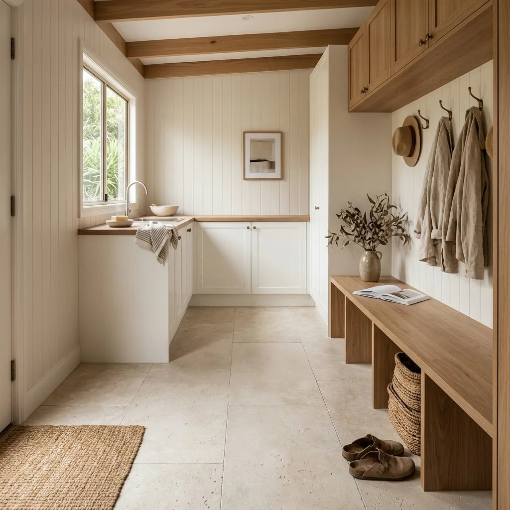 BHCA11 Crema Siena Tumbled &amp; Sandblasted Limestone 610x406x12 — mudroom / laundry