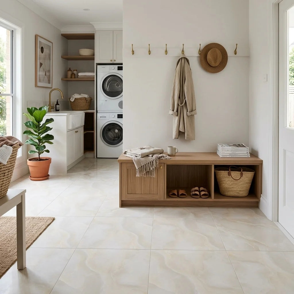 BHF311 ONYX BEIGE 600X600 SATIN — mudroom / laundry