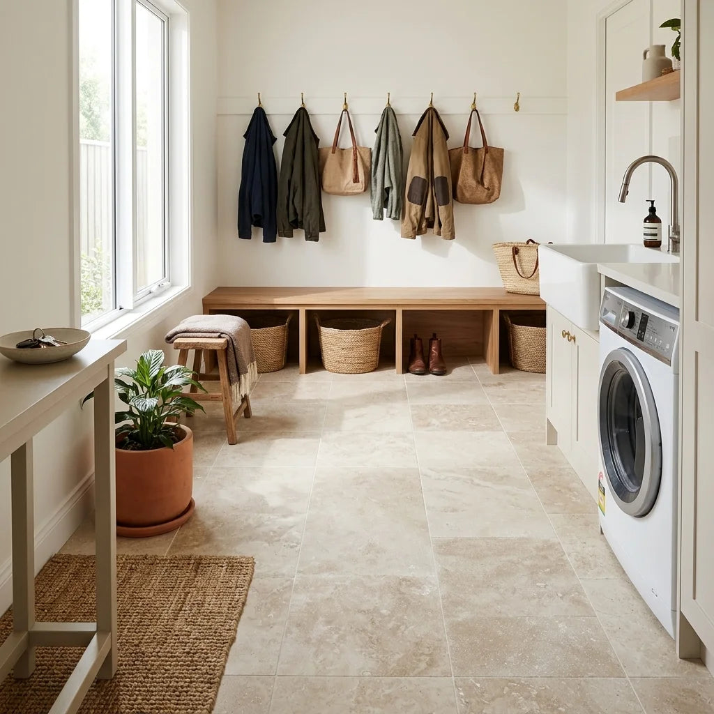 BHCA3 Natural Blend 610x610x12mm Honed and Filled Travertine — mudroom / laundry