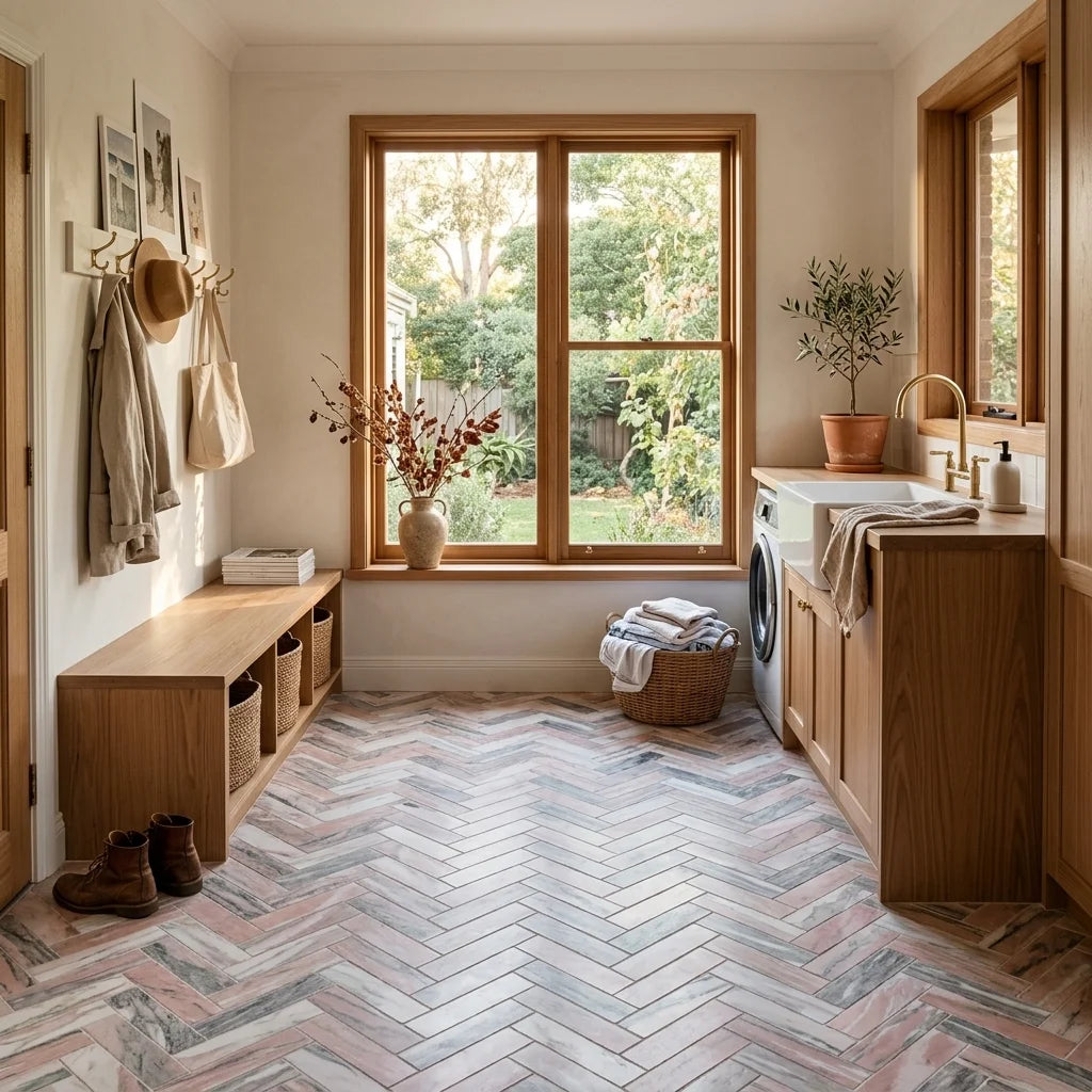 BHCV47 PINK MARBLE LARGE HERRINGBONE — mudroom / laundry