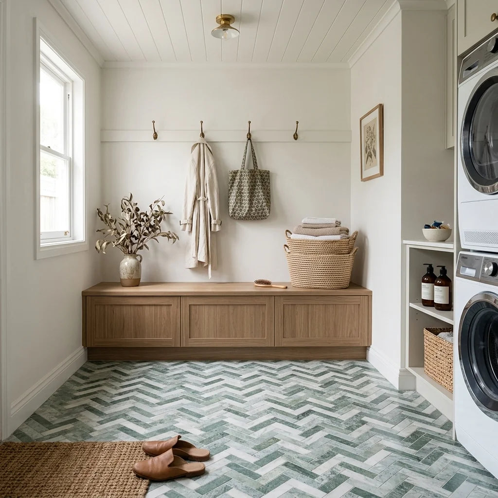 BHCV41 calcutta large green herringbone — mudroom / laundry