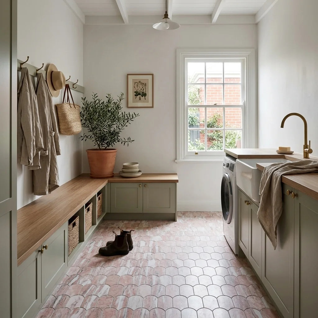 BHCV45 PINK MARBLE BEADS — mudroom / laundry