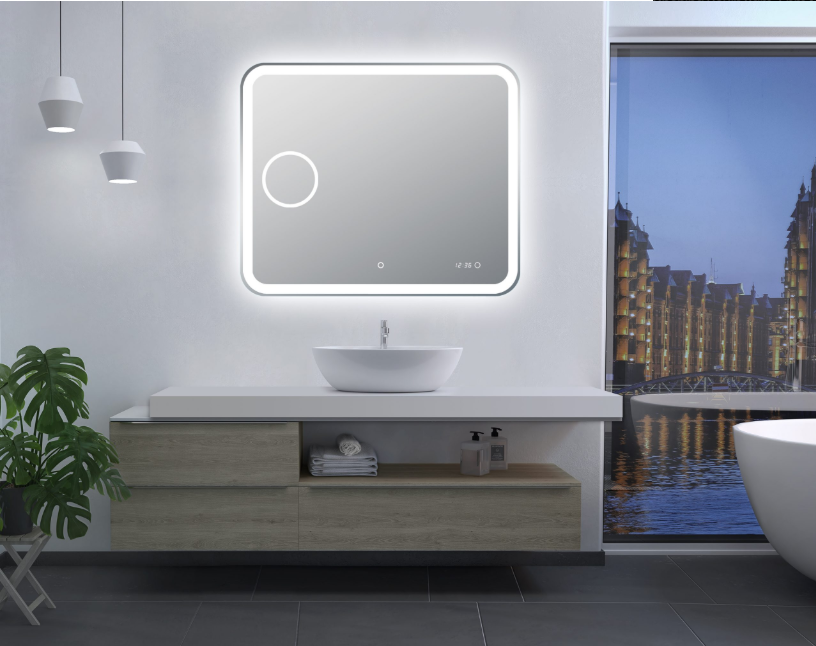 900*750mm Curved Rim Rectangle 3 Color Lighting LED Mirror Magnifier Touch Sensor Switch Defogger Pad Wall Mounted Digital Clock with Temperature