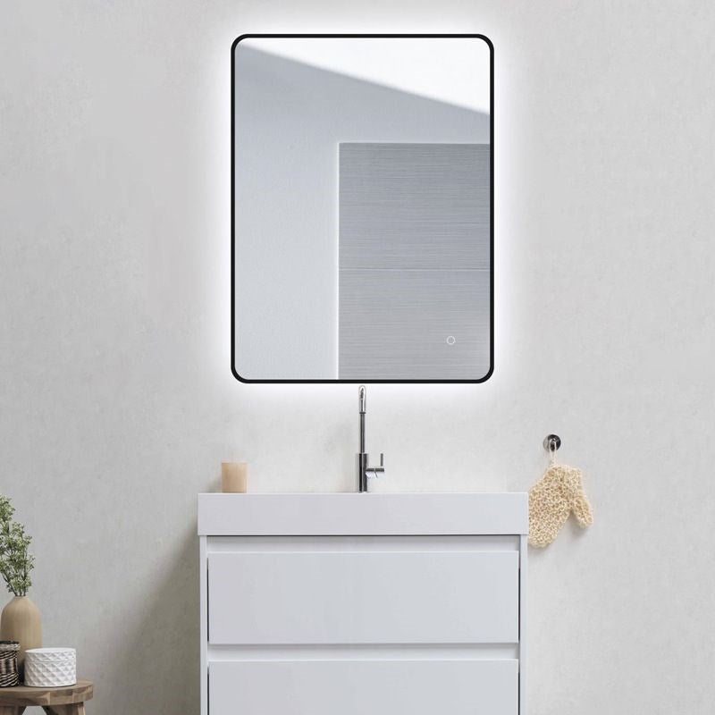 810x610mm Black Aluminum Framed Curved Rim Rectangle 3 Color Lighting LED Mirror Touch Sensor Switch Wall Mounted Vertical or Horizontal