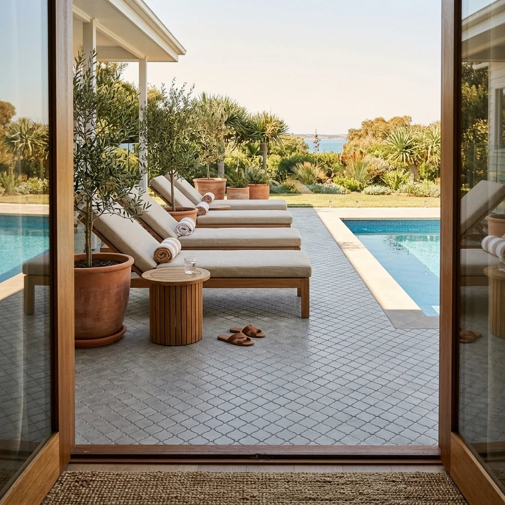 Morroccan Bubble Mink — poolside terrace