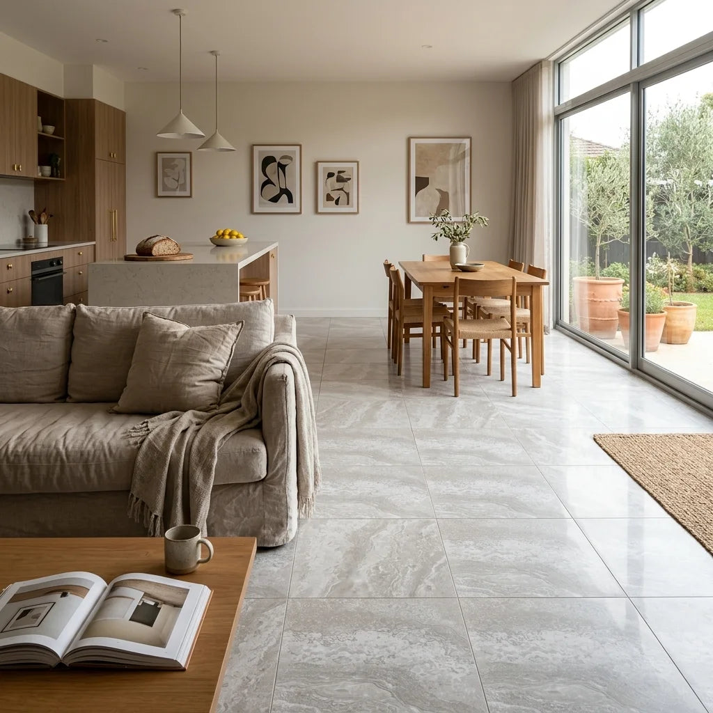 NWT6002P 600X600 POLISHED — open-plan living + dining + kitchen