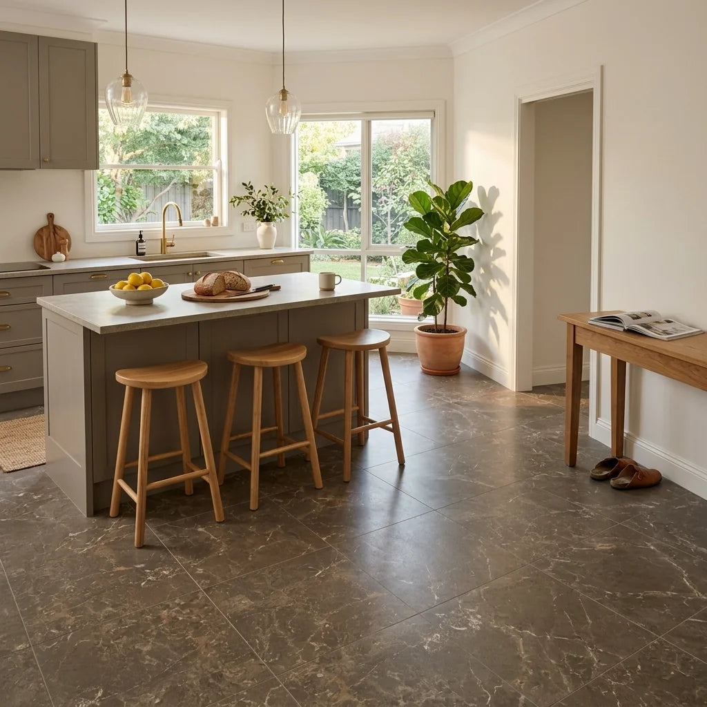ROMA BROWN 600X600 MATT — open-plan kitchen
