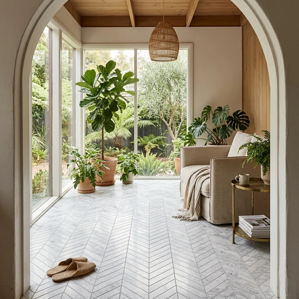 BHCS123 PARADISE TUNDRA WHITE CHEVRON MOSAIC — garden room / sunroom