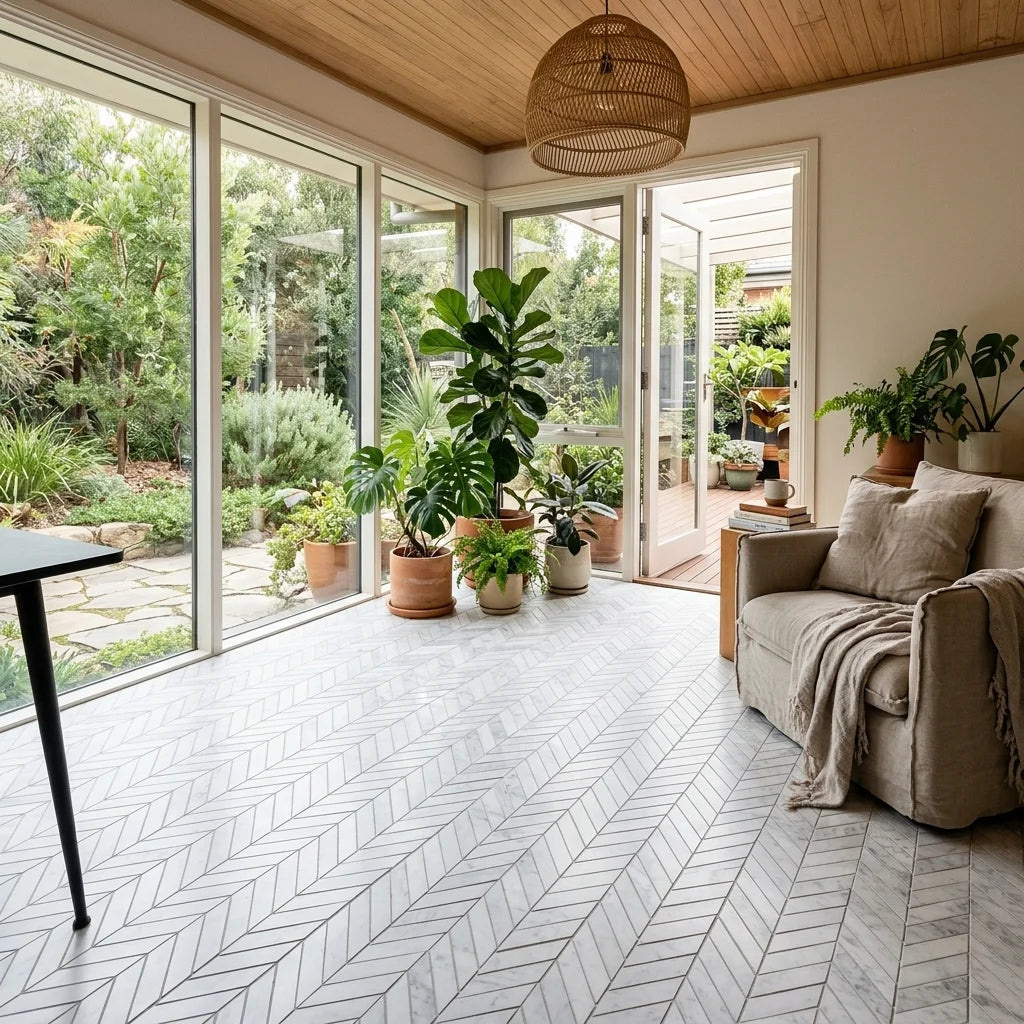 BHCS35 CARRARA CHEVRON MOSAIC — garden room / sunroom