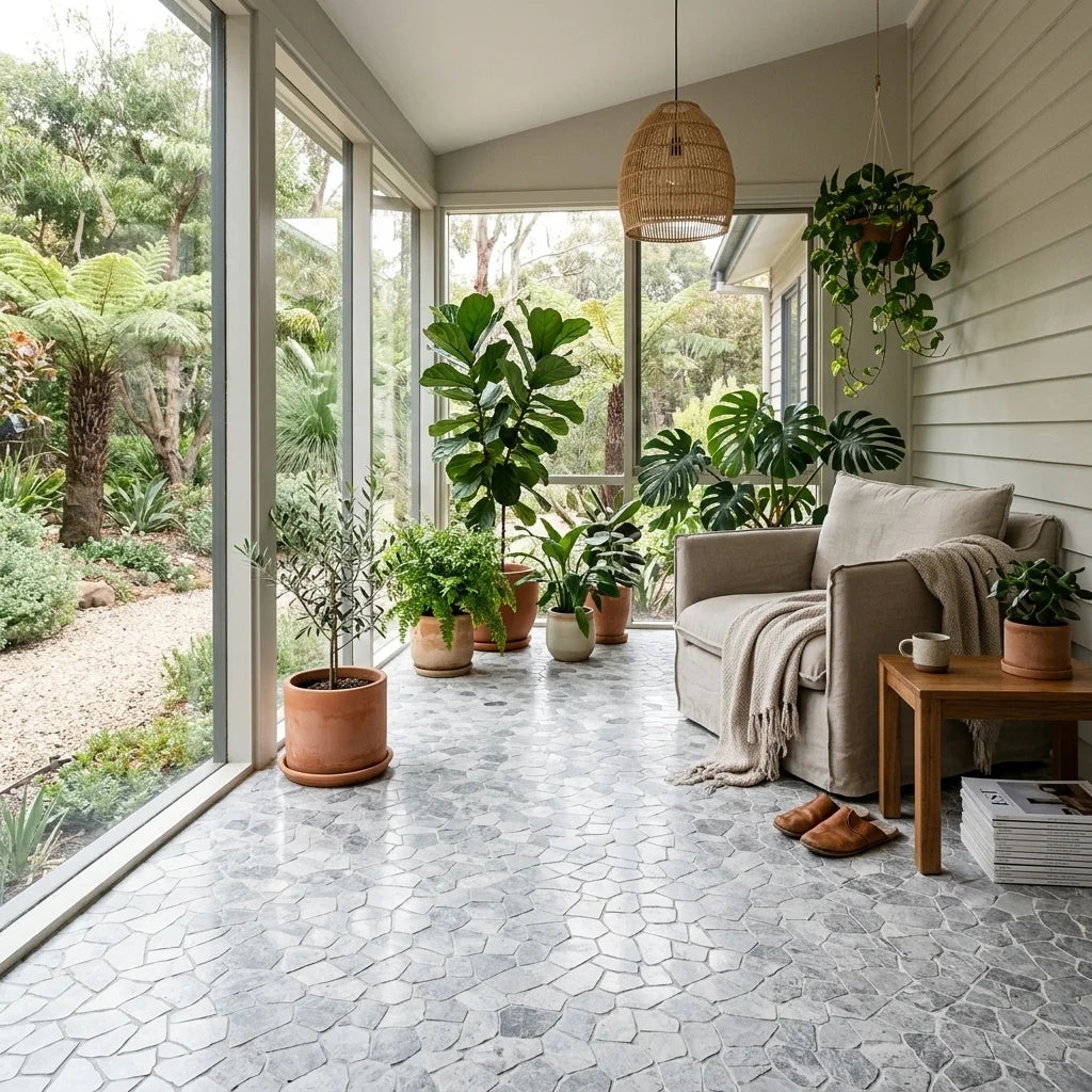 BHCS122 PARADISE TUNDRA GREY SQUARE MOSAIC — garden room / sunroom