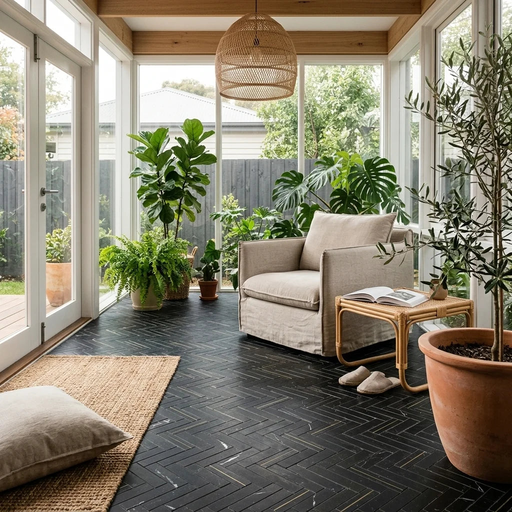 BT3337 GOLDEN HERRINGBONE NERO MARQUINA 320x280x8 — garden room / sunroom