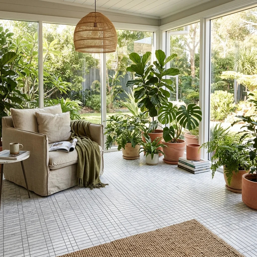 BHCS124 PARADISE TUNDRA WHITE FINGER MOSAIC — garden room / sunroom