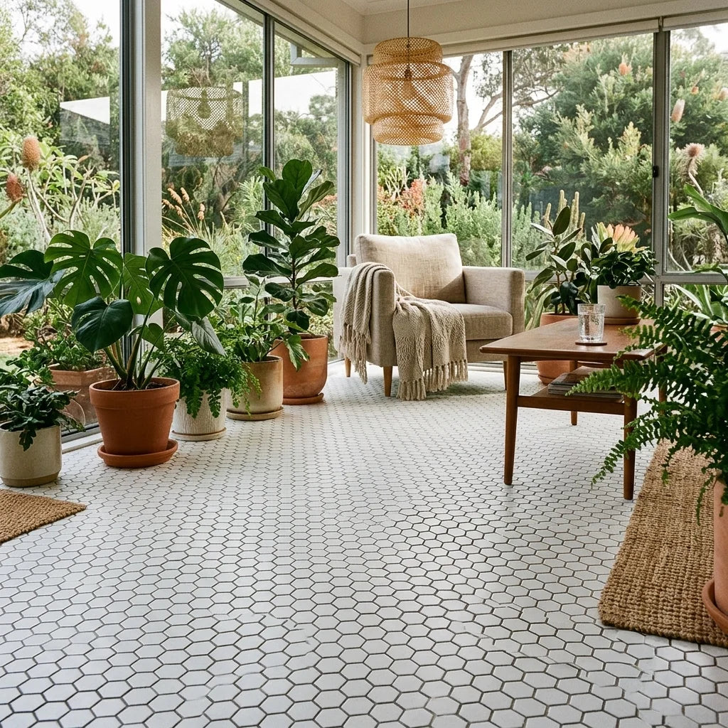 BT631 WHITE MINI HEXAGON POLISHED — garden room / sunroom