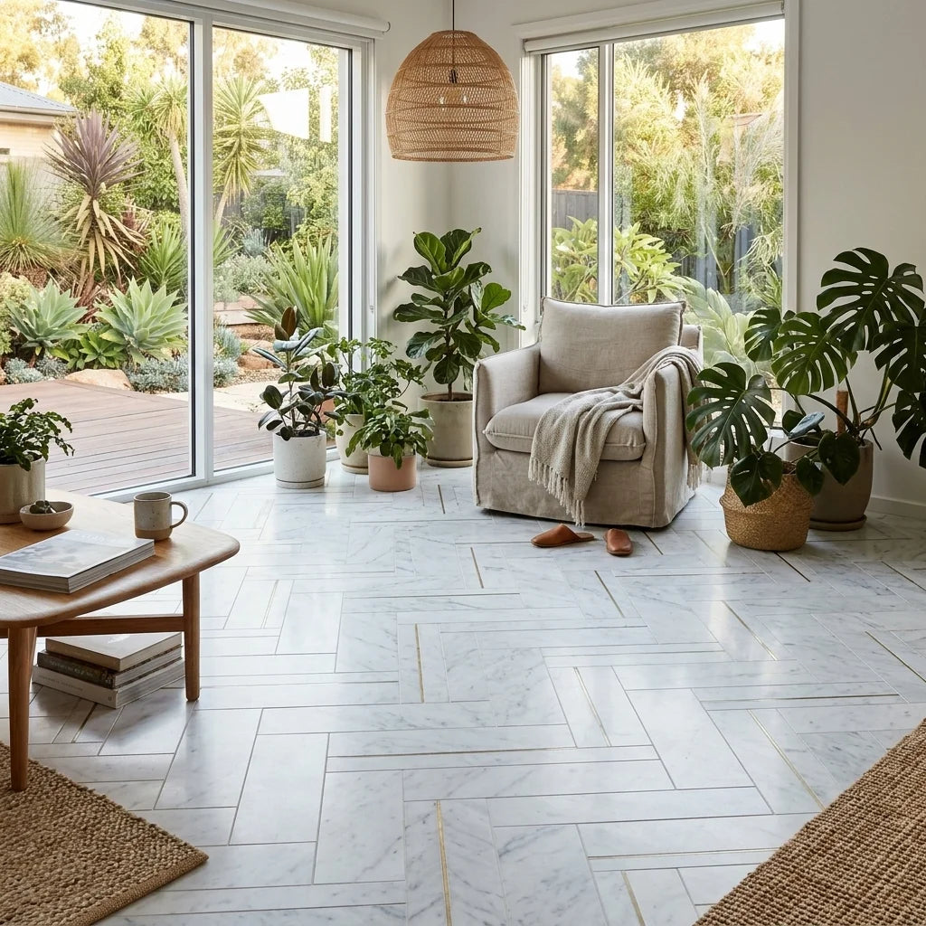 BT3338 GOLDEN HERRINGBONE CARRARA 320x280x8 — garden room / sunroom