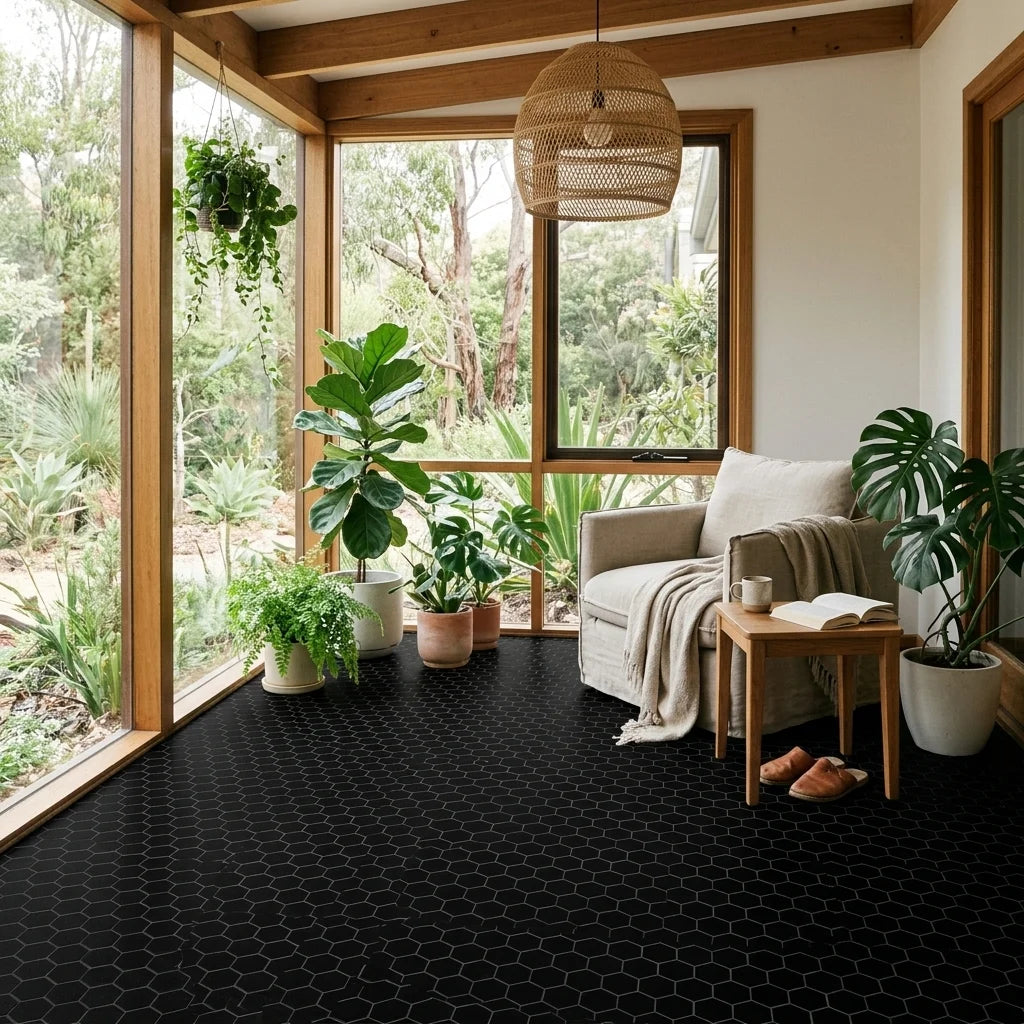 BT630 BLACK MINI HEXAGON SATIN — garden room / sunroom