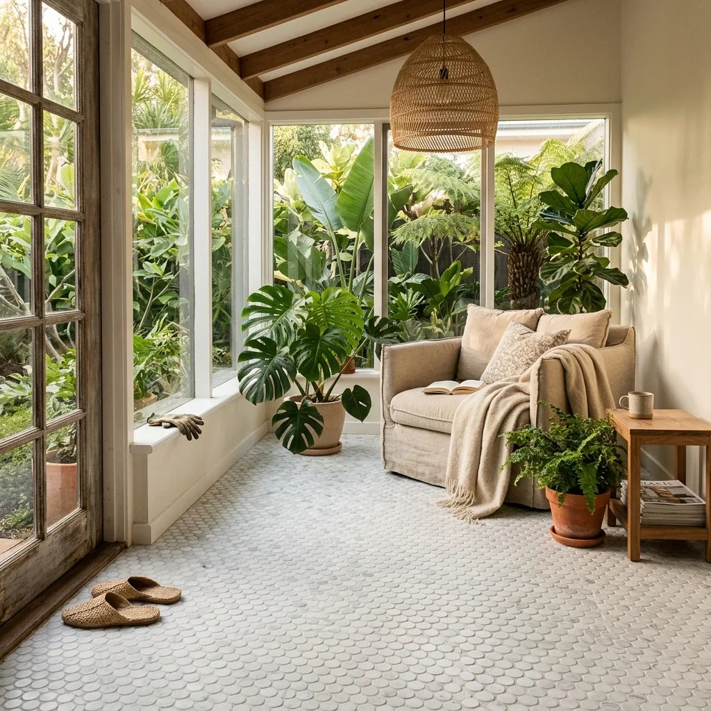 BHCS28 CARRARA PENNY ROUND MOSAIC — garden room / sunroom