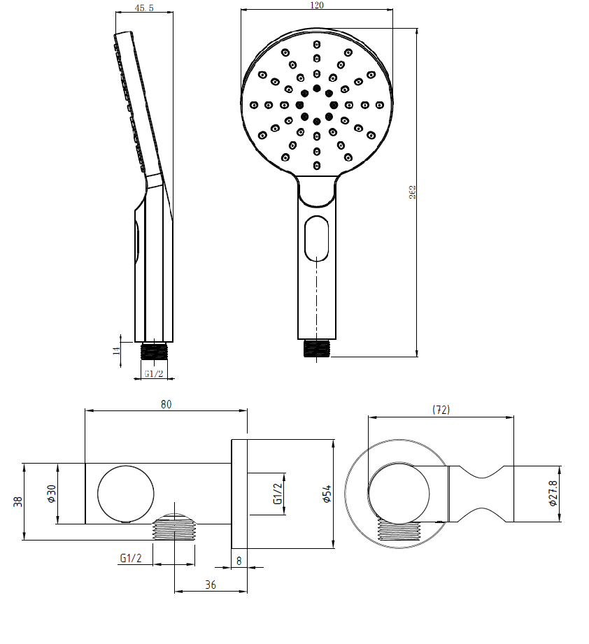 TE124 Round 3 Function Shower Head on Bracket