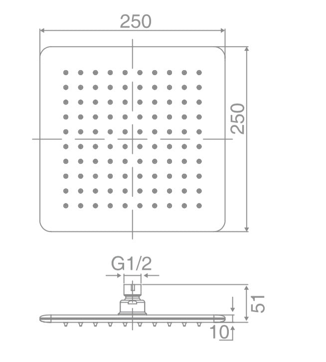 TE139 - SQ Shower Head, 6mm Thick, Laser Welded   (250x250mm)
