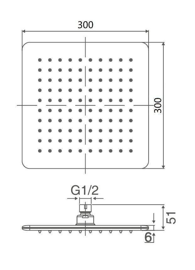 TE140 - SQ Shower Head, 6mm Thick, Laser Welded   (300x300mm)