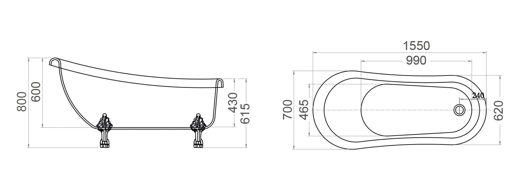 TE639 - Clawfoot Freestanding Bathtub 1550x700x800mm
