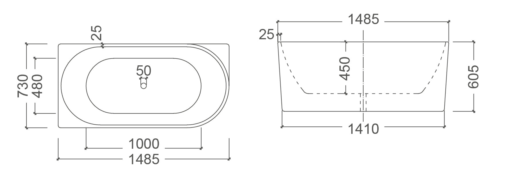 TE645 - Back and Right Side to Wall Corner Bath Tub 1500