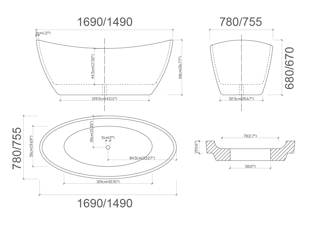 TE651 - Free Standing Bath Tub 1500mm - Gloss White Inside, Matte Black Outside