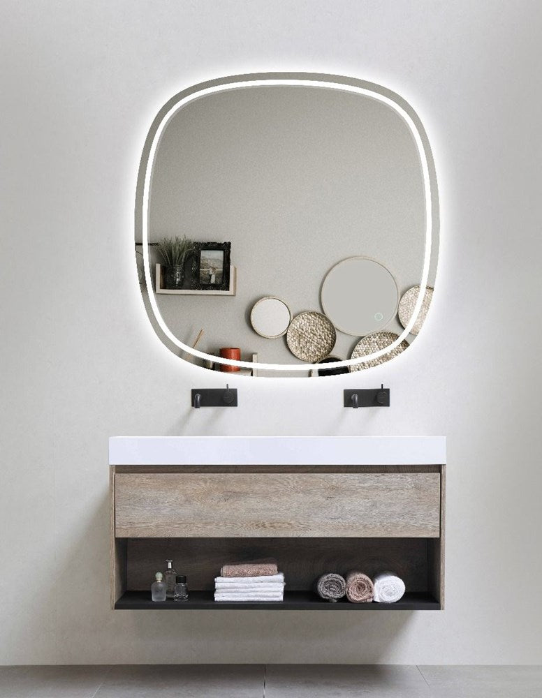 750*750mm Rounded Edge Acrylic LED Mirror 3 Color Lighting Touch Sensor Switch Wall Mounted White Frame